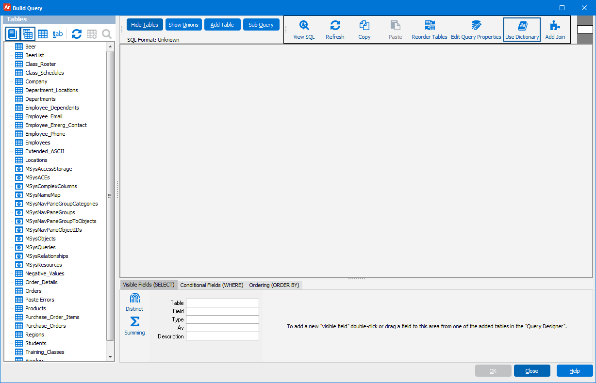 This image shows the Build Query dialog box and lists the available tables in the database.